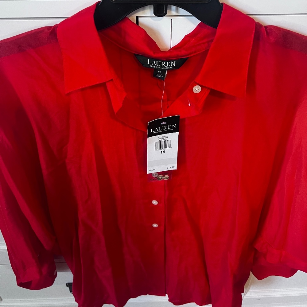 Lauren orange silky button up blouse nwt size 14